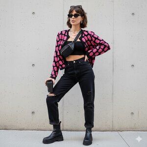 VINTAGE 80s Union Made Pink & Black Cropped Knit Jacket | Best Fit XS/S